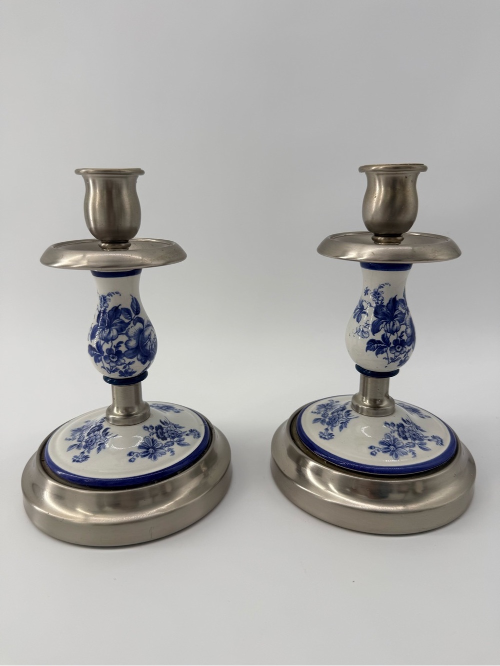 Blue and White Floral Ceramic Pewter Candlestick Pair